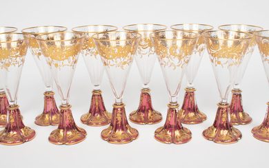 GILDED CRANBERRY GLASS FLUTES, C. 1900, 12 PCS, H 6.25", DIA 2.75"