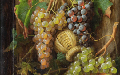 GIUSEPPE FALCHETTI<BR>Caluso (TO) 1843 - 1918 Torino<BR>"Natura morta con pesche, uva, melone e fiasco" 1890