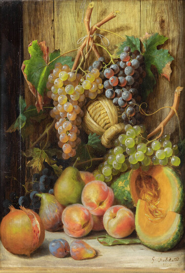 GIUSEPPE FALCHETTI<BR>Caluso (TO) 1843 - 1918 Torino<BR>"Natura morta con pesche, uva, melone e fiasco" 1890