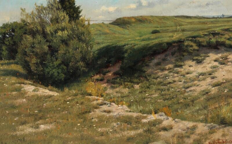 NOT SOLD. Georg Richard Falkenberg: Green landscape with coast. Signed G. R. Falkenberg. Oil on canvas. 37.5 x 60.5 cm. – Bruun Rasmussen Auctioneers of Fine Art