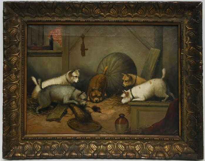George S. Armfield Oil on Canvas "Five Terriers Around a Hole", 19th Century