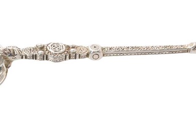 George VI Coronation souvenir silver anointing spoon, with engraved oval bowl and ornate stem