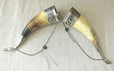 Georgia USSR Niello pair of silver 875 mounted old wedding horns for Bride & Fiance
