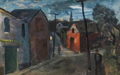 Gerrit Hondius (Dutch/American, 1891-1970) Street Scene at Dusk Signed 'G. Hondius' lower left. Gouache on paper/board, matted and framed. sight 10 7/8 x 14 3/4 in. (27.7 x 37.5 cm)