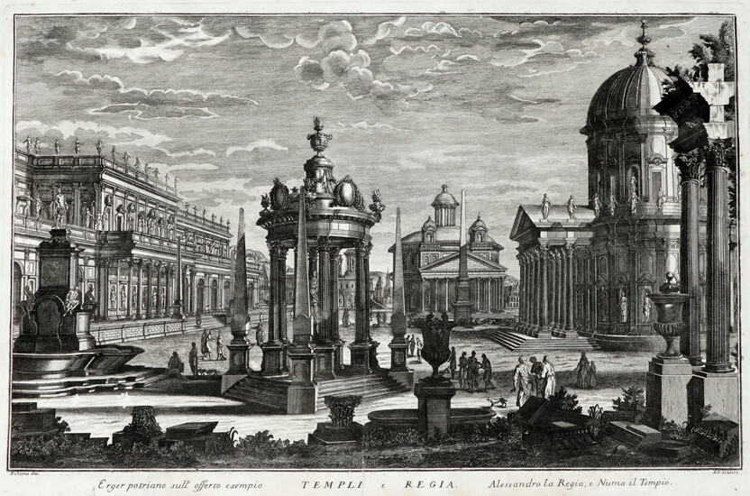 Giuseppe Galli Bibiena (Parma, 1696 - Berlino, 1757) [da], Veduta immaginaria di porto fluviale / Campidoglio antico / Templi e Regia. 1740-1760 ca.