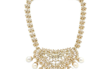 Gold, Baroque Cultured Pearl and Diamond Bib Necklace