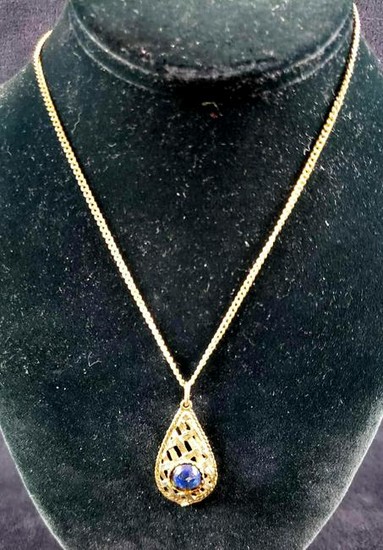 Gold Colored and Faux Sapphire Pendant Necklace