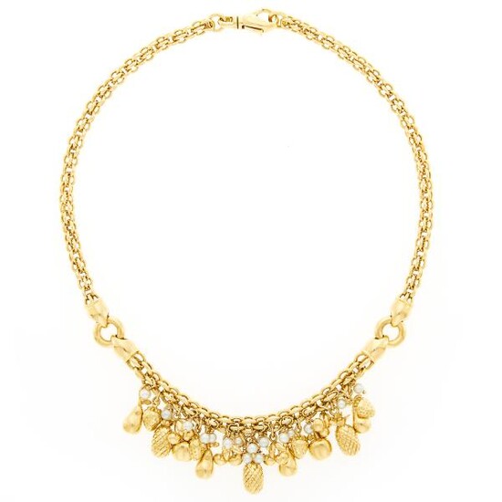 Gold and Cultured Pearl Fruit Fringe Necklace