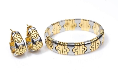 Gold bracelet and earrings - by BVLGARI 18k yellow gold and steel, "Parentesi" collection. Stamped...