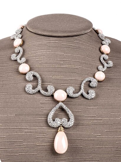 Gold, pink coral and diamonds necklace 18 white gold,...