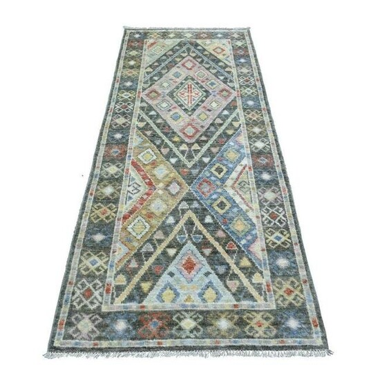 Gray Anatolian Village Inspired Soft Wool Hand Knotted