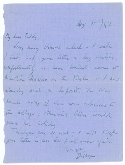 Great Britain Dillwyn Knox, Bletchley Park 1942 (31 Aug.) ALS to "My dear Teddy" declining a tr...