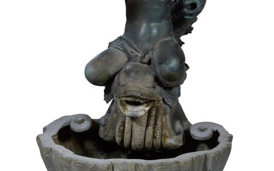 Green Patinated Bronze Fountain Figure, 20th c., H.- 55 in., W.- 27 1/8 in., D.- 27 1/8 in.