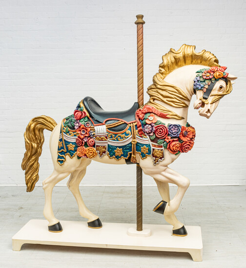 HAND CARVED AND PAINTED WOOD CAROUSEL HORSE, C. 1988, H 75", W 18", L 64" (OVERALL)
