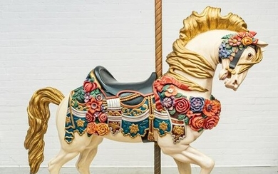 HAND CARVED AND PAINTED WOOD CAROUSEL HORSE, C. 1988, H