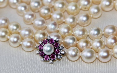 Handmade genuine saltwater Japanese sea pearls "AAA+" - Necklace - 18 kt. White gold, Akoya pearls - 1.44 tw. Ruby - Diamond