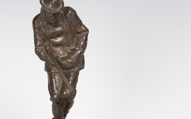 Hans Müller - an early 20th century German brown patinated cast bronze figure of a hunter, tryi