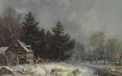 Heinrich Bürkel: Feeding the deer at a log house on the outskirts of the forest. Signed H. Bürkel. Oil on canvas. 42×60 cm.