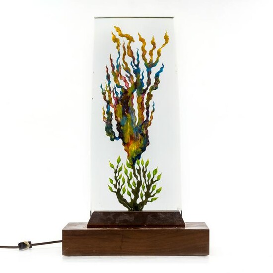 Herman Perlman Etched Glass Art Sculpture Lamp