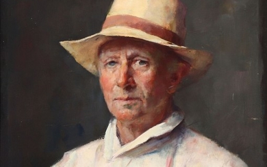 Herman Vedel: Portrait of the artist Kristian Møhl-Hansen (1876–1962) in a white smock and straw hat. Unsigned. Oil on panel. 64×59.5 cm.