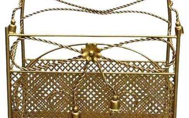 Hollywood Regency Gilt Bronze Magazine Rack, Rope an Tassel Form