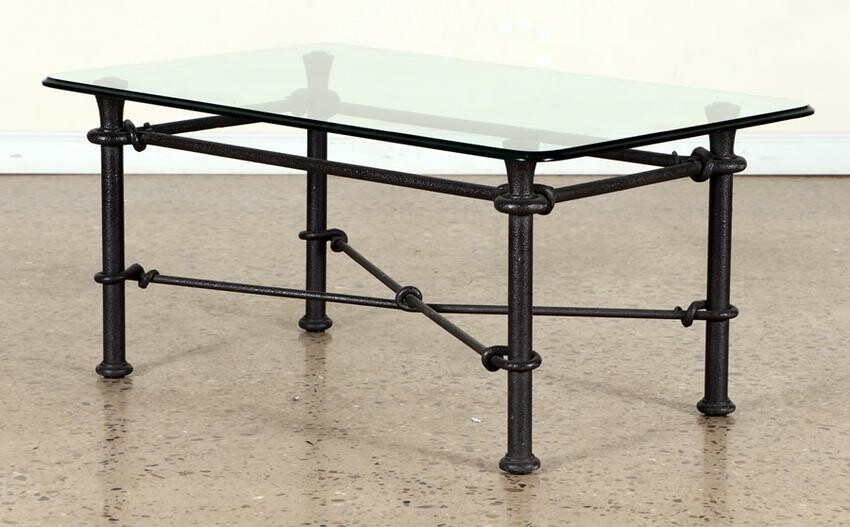 IRON GLASS TOP COFFEE TABLE MANNER OF GIACOMETTI