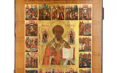 Icon of Saint Nicholas with life on a cypress board,...