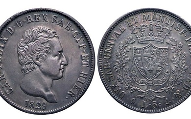 Italy, Kingdom of Sardinia. Carlo Felice di Savoia (1821-1831). 5 Lire 1829 Genova