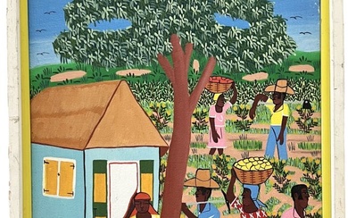 JACKSIN MESIDOR (20th c, Haiti) Naive Folk Art Painting Village Scene
