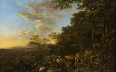 Jan Dirksz. Both, Dutch 1615-1652- A wooded landscape with travellers...