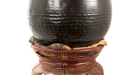 Japanese bronze temple gong or singing bell, on stand
