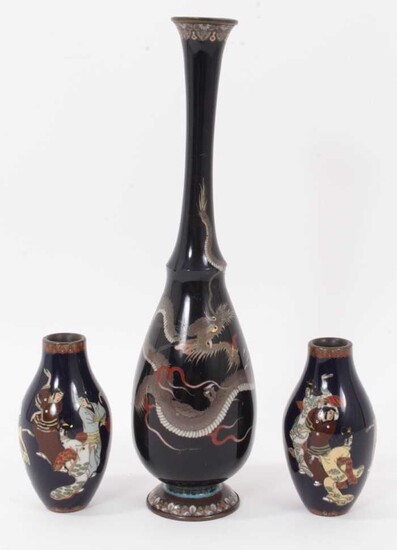 Japanese cloisonné vase with dragon decoration and a small pair of cloisonne vases