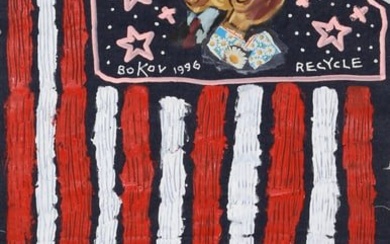 Konstantin Bokov, US Flag with Bill and Hillary Clinton, Mixed Media with Acrylic on Denim