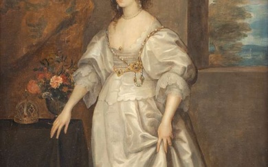 Kopie naar Anthony van Dyck (19de eeuw), Portret van koningin Henrietta Maria van Engeland, staande ten voeten uit in een witte satijnen japon