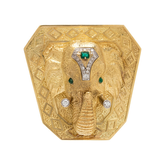 LA TRIOMPHE, YELLOW GOLD, DIAMOND AND EMERALD ELEPHANT BROOCH