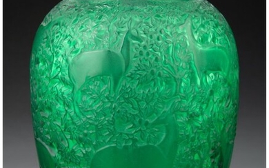 Lalique Green Glass Biches Vase, post-1945 Marks