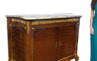 Large 19th C French Bronze/Parquetry Marble Top Commode