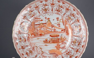 Large! - Plate - Many Figures and a Cooking pot on a Boat in Amazing Landscape Overglaze red and gold - Porcelain
