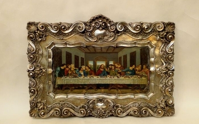 Large and beautiful SILVER frame with Tortondo oil on canvas 54 cm / 21 inches - Silver - Portugal - Mid 20th century