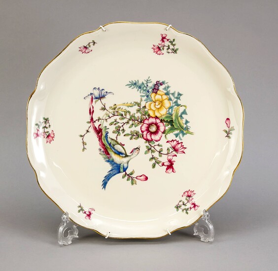 Large decorative plate, Rosenthal, Kronach, 1930-40s, curved edge, polychrome decor with bird of paradise on a branch of flowers, gold edge, Ø 34 cm