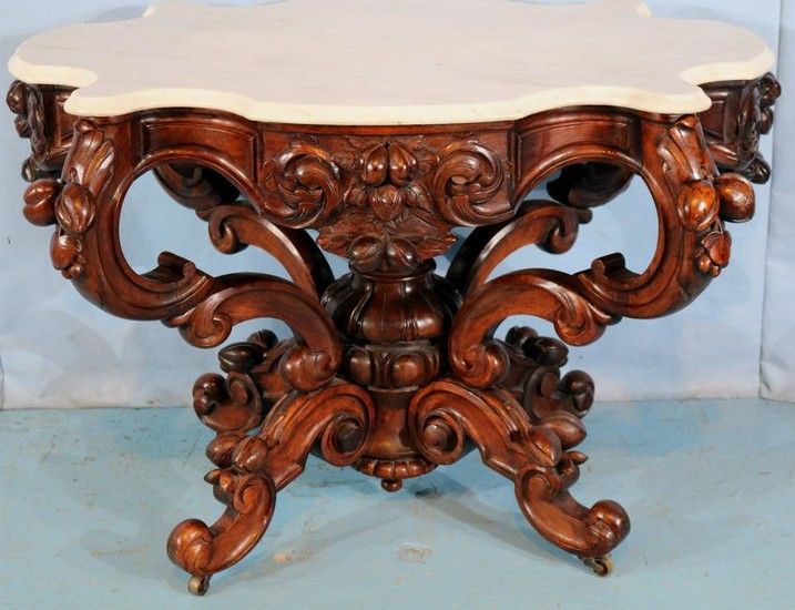 Large rosewood rococo marble top parlor table