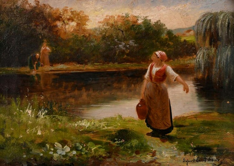 Late 19th century French school, Washerwoman collecting