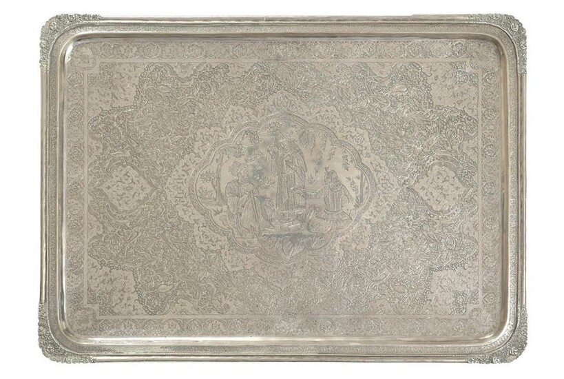 Lavishly Decorated Persian Sterling Silver Tray