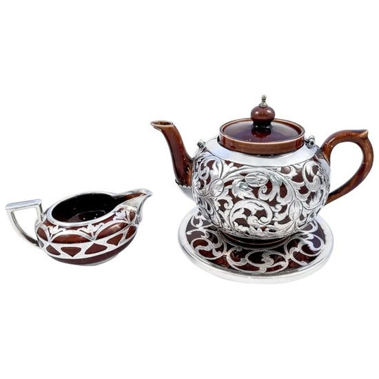 Lenox and Ernest Lloyd Lawrence, Wedgwood Art Nouveau Lenox brown teapot, stand and creamer with sterling silver overlay - Tea service (3) - Porcelain, .925 silver
