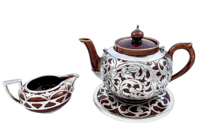 Lenox and Ernest Lloyd Lawrence, Wedgwood Art Nouveau Lenox brown teapot, stand and creamer with sterling silver overlay - Tea service (3) - Porcelain, .925 silver