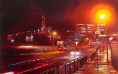 Lesley Anne Derks BA(Hons) (British, B.1977) "Waverley Bridge - Night", oil & enamel on canvas