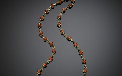Long yellow gold and orange coral bead necklace, g