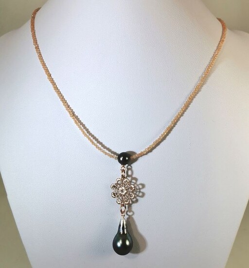 #Low reserve price# - 925 Silver, Tahitian pearls, drop 12x21,5 mm & Sunstones faceted - Necklace Sunstones - Pearls