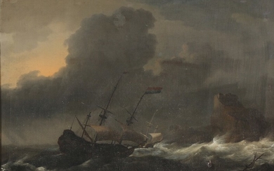 Ludolf I Backhuysen, circle of, 17th century: A Dutch ship in high seas. Unsigned. Oil on canvas. 52×65 cm.