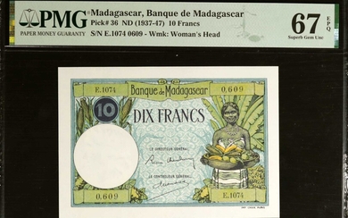 MADAGASCAR. Banque de Madagascar. 10 Francs, ND (1937-47). P-36. PMG Superb Gem Uncirculated 67 EPQ.